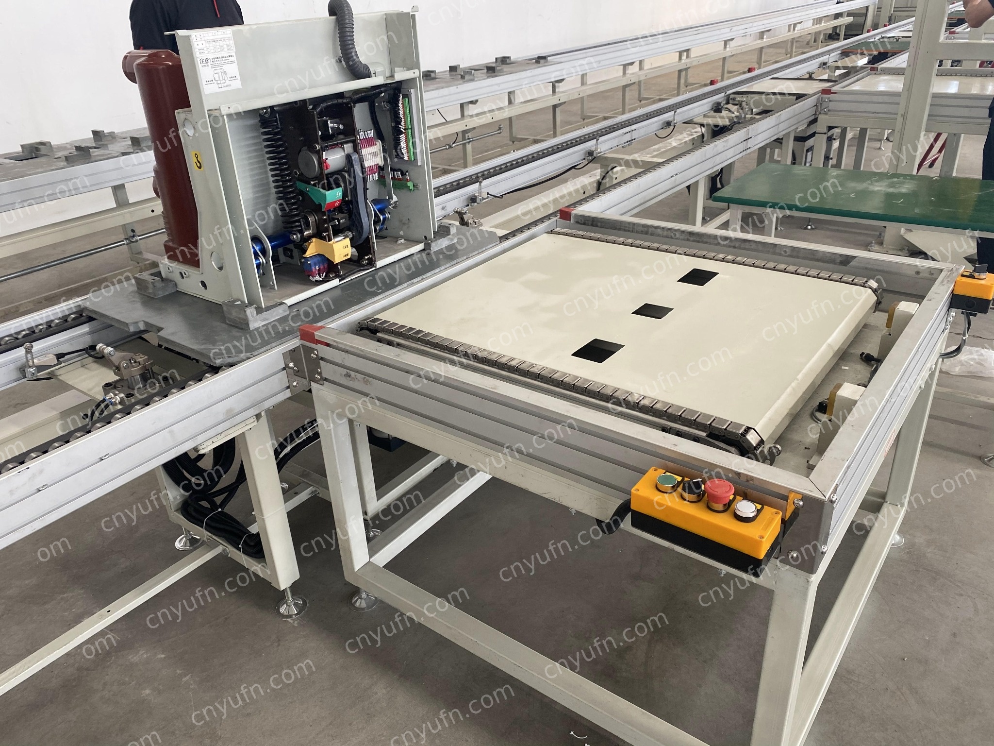 VCB Production Line Layout with RGV Transfer System, Inspection Bench and Station-Based Assembly